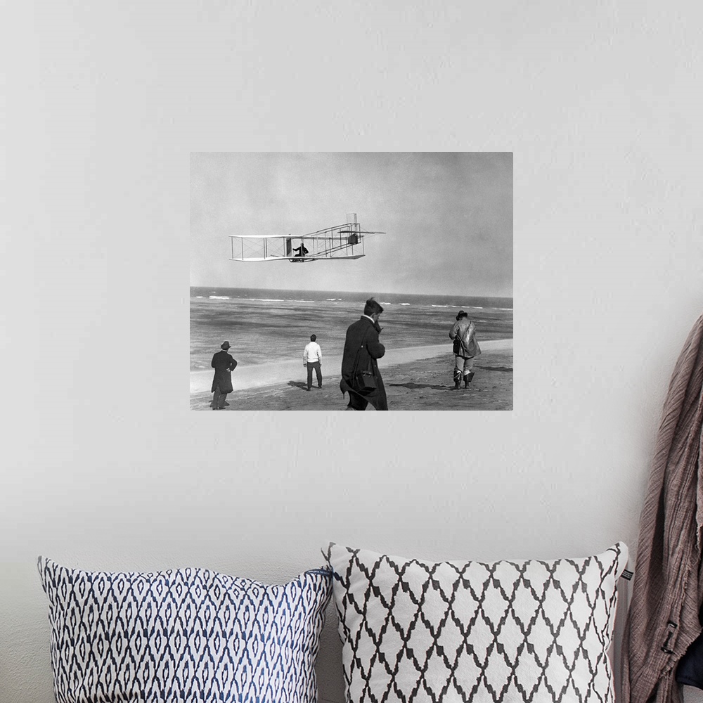 A bohemian room featuring 1911 One Of The Wright Brothers Flying A Glider And Spectators On Ocean Beach Kill Devil Hills Ki...