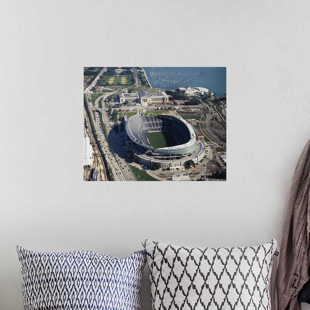 A bohemian room featuring Aerial view of a stadium, Soldier Field, Chicago, Illinois