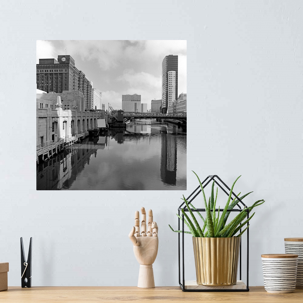 A bohemian room featuring Buildings at the riverside, Chicago River, Chicago, Cook County, Illinois, USA