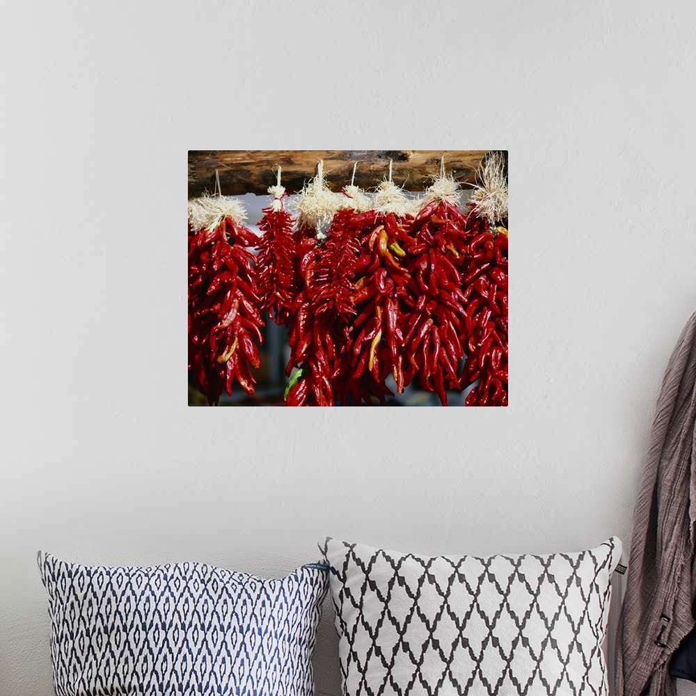 A bohemian room featuring Close-up of bunches of chilli peppers hanging on a stall, Taos, New Mexico