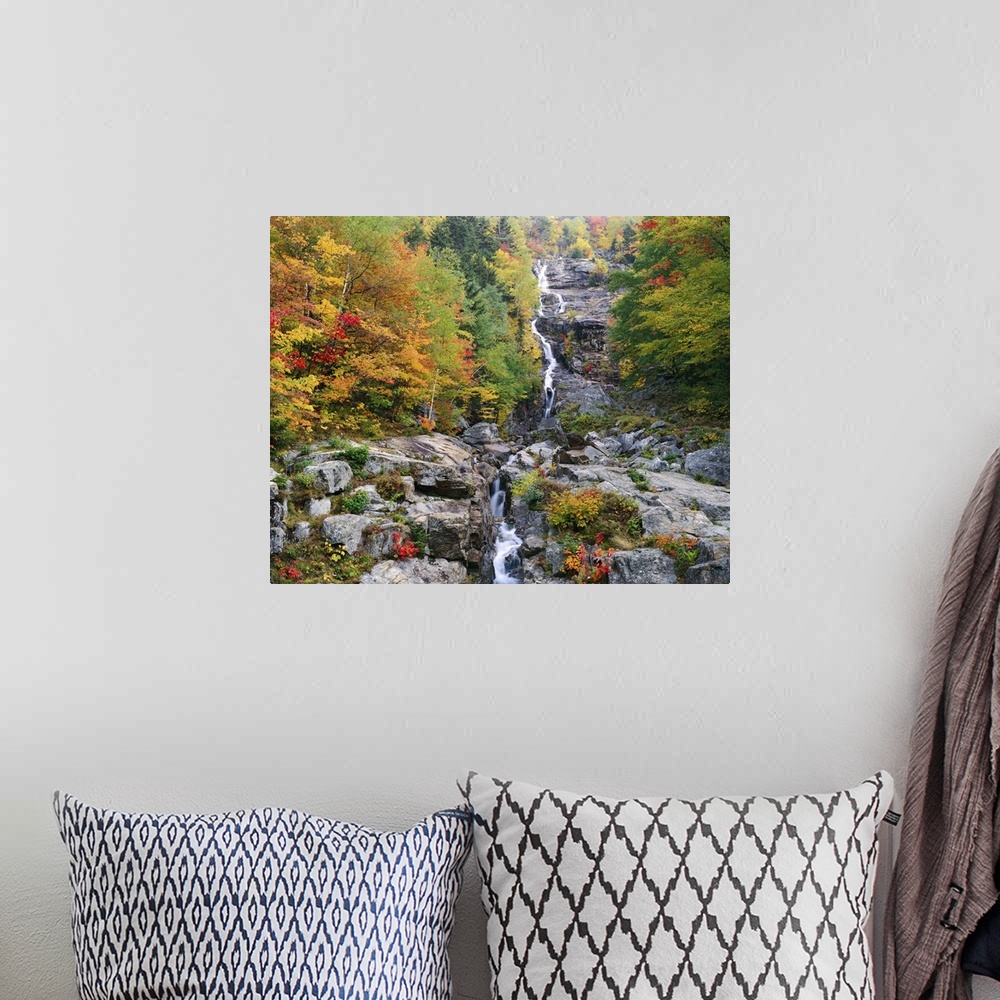 A bohemian room featuring Photograph of waterfall surrounded by rocky terrain and a fall forest.