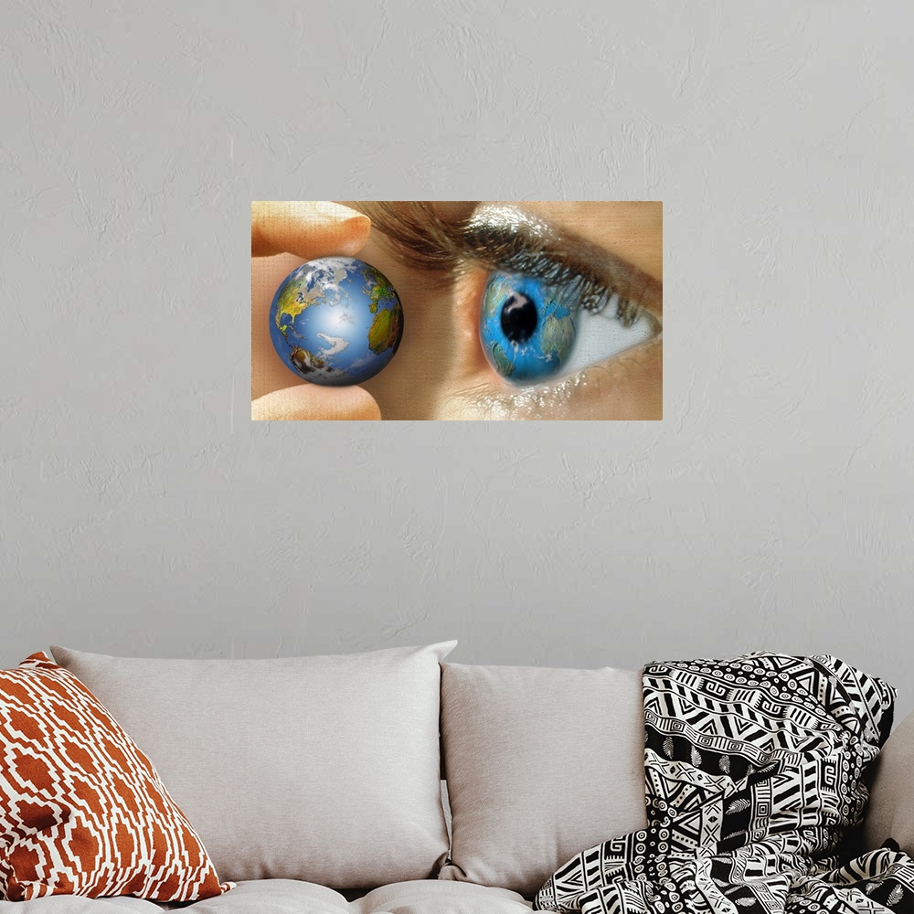 A bohemian room featuring Reflection of a globe in a person's eye