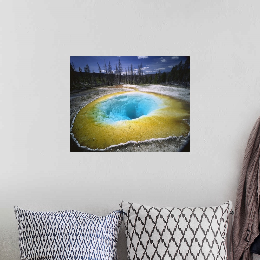 A bohemian room featuring Horizontal, large photograph of colorful Morning Glory Pool surrounded by forest landscape, in Ye...