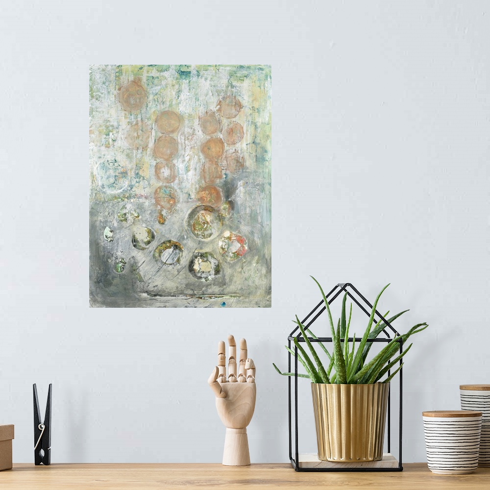 A bohemian room featuring Contemporary abstract artwork featuring subtle round shapes in neutral colors.