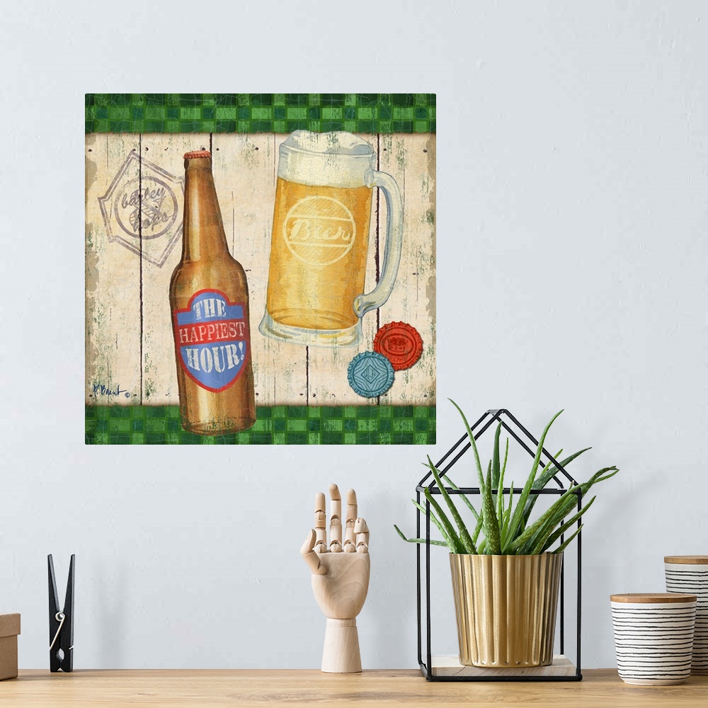 A bohemian room featuring Decorative artwork featuring a pint and a bottle of beer with bottlecaps.