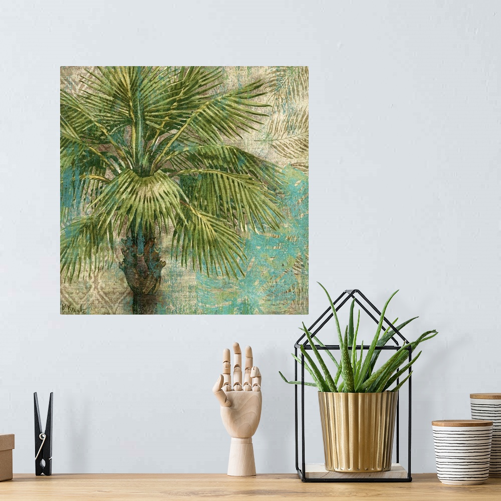 A bohemian room featuring Decorative painting of a palm tree on a background textured with palm leaves.