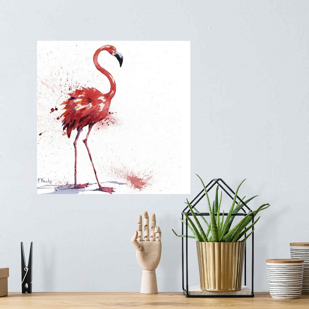 A bohemian room featuring Square watercolor painting of a flamingo on a white background with pink paint splatter.