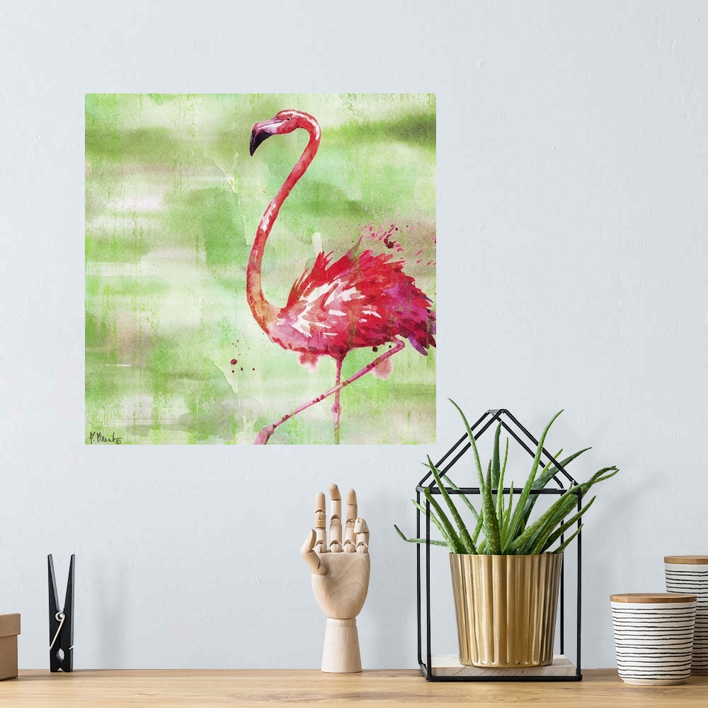 A bohemian room featuring Square watercolor painting of a pink flamingo on a green and brown background with pink paint spl...