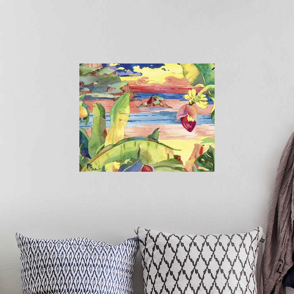 A bohemian room featuring Contemporary painting of a tropical tree near a sandy beach.