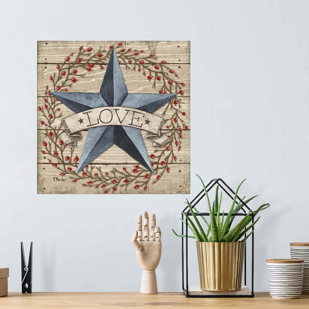 A bohemian room featuring Folk art style painting of a star with a banner that says Love on wood panels with a berry wreath.