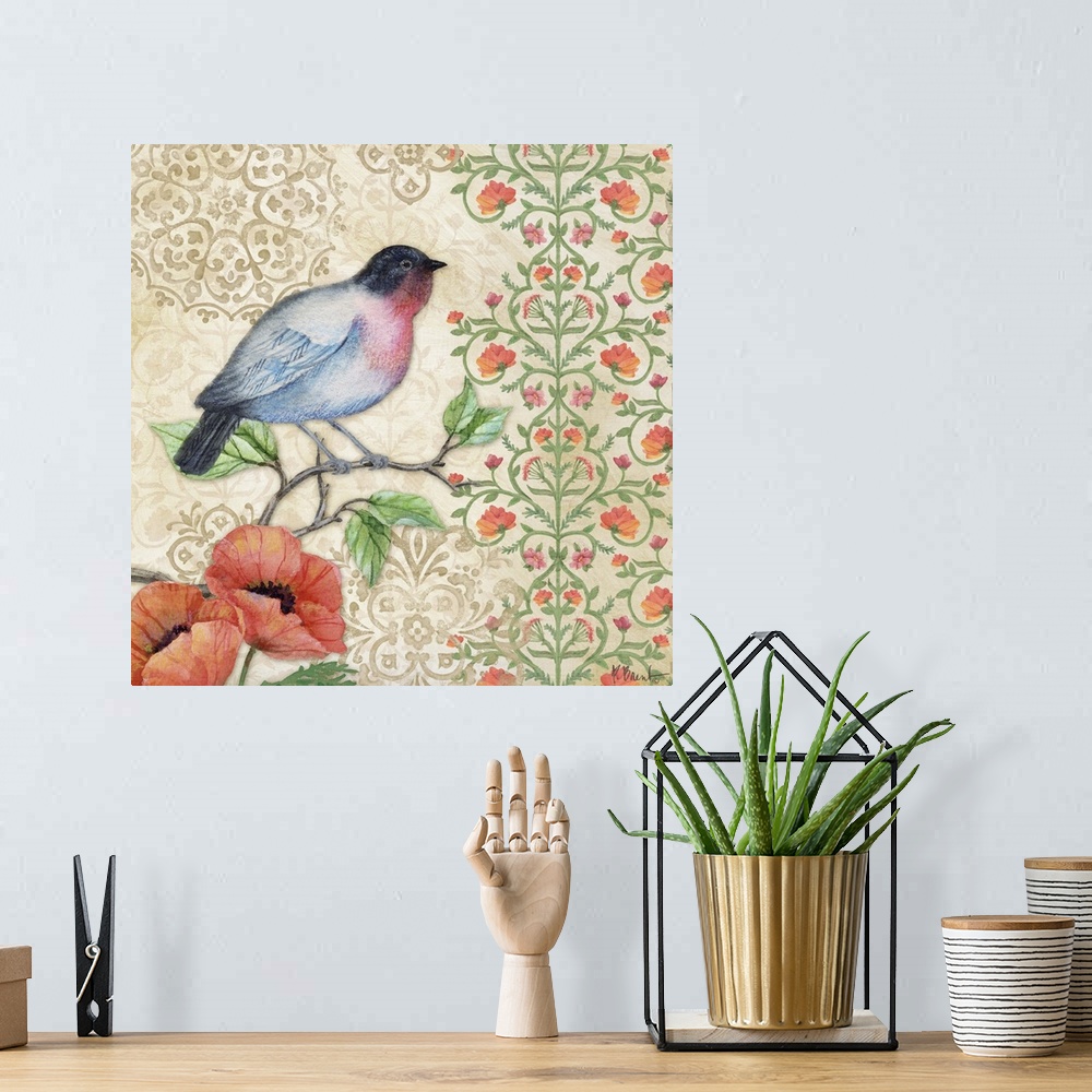 A bohemian room featuring Contemporary decorative artwork with a floral and vine design with a songbird.