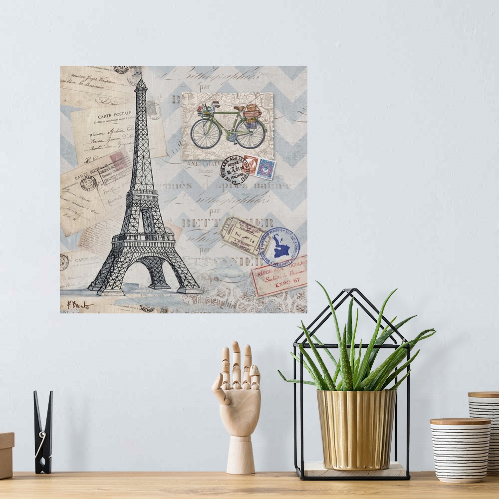 A bohemian room featuring Mixed media panel showcasing a travel themed collection, including postcards, stamps, a bicycle, ...