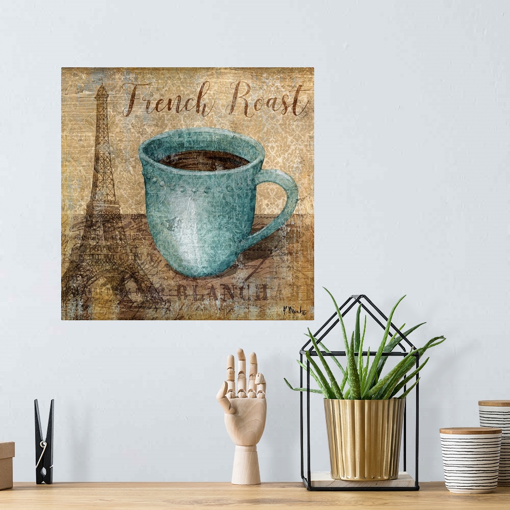 A bohemian room featuring Decorative artwork of a blue mug of coffee with the words "French Roast."