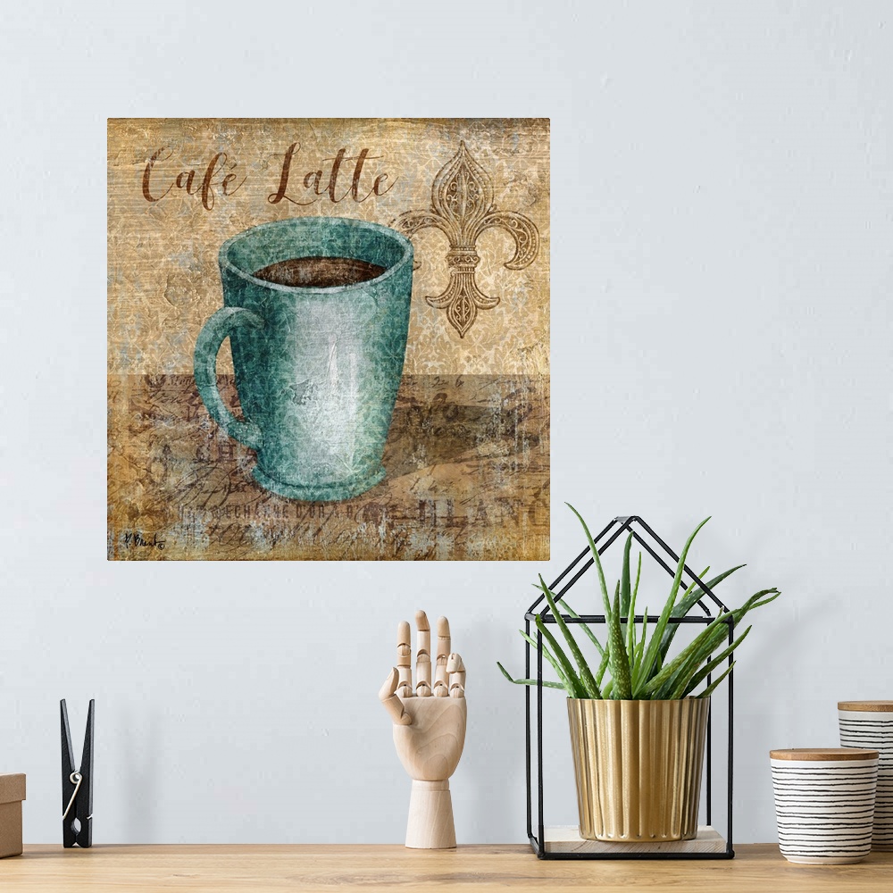 A bohemian room featuring Decorative artwork of a blue mug of coffee with the words "Cafe Latte."