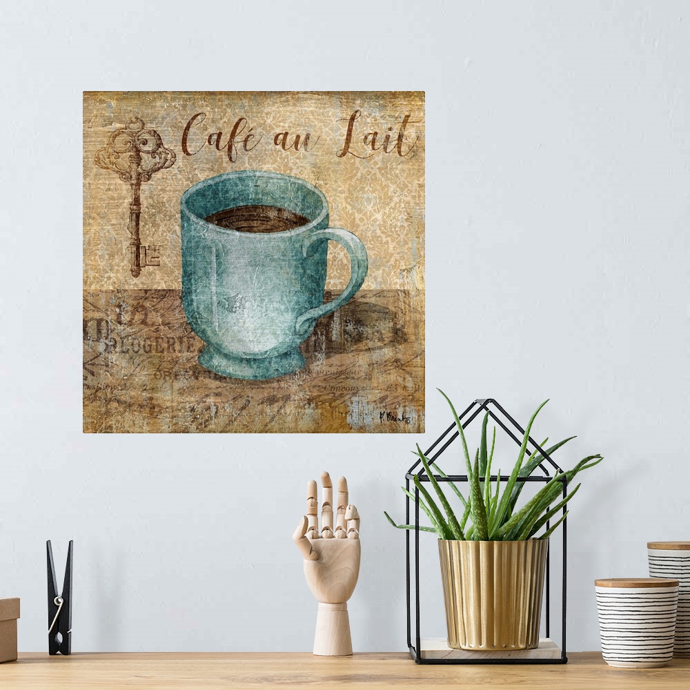 A bohemian room featuring Decorative artwork of a blue mug of coffee with the words "Cafe au Lait."