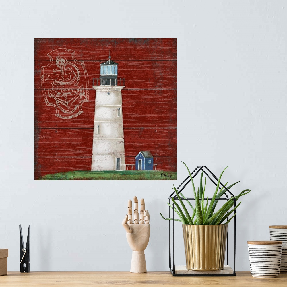 A bohemian room featuring Painting of a white lighthouse on a red wooden background.