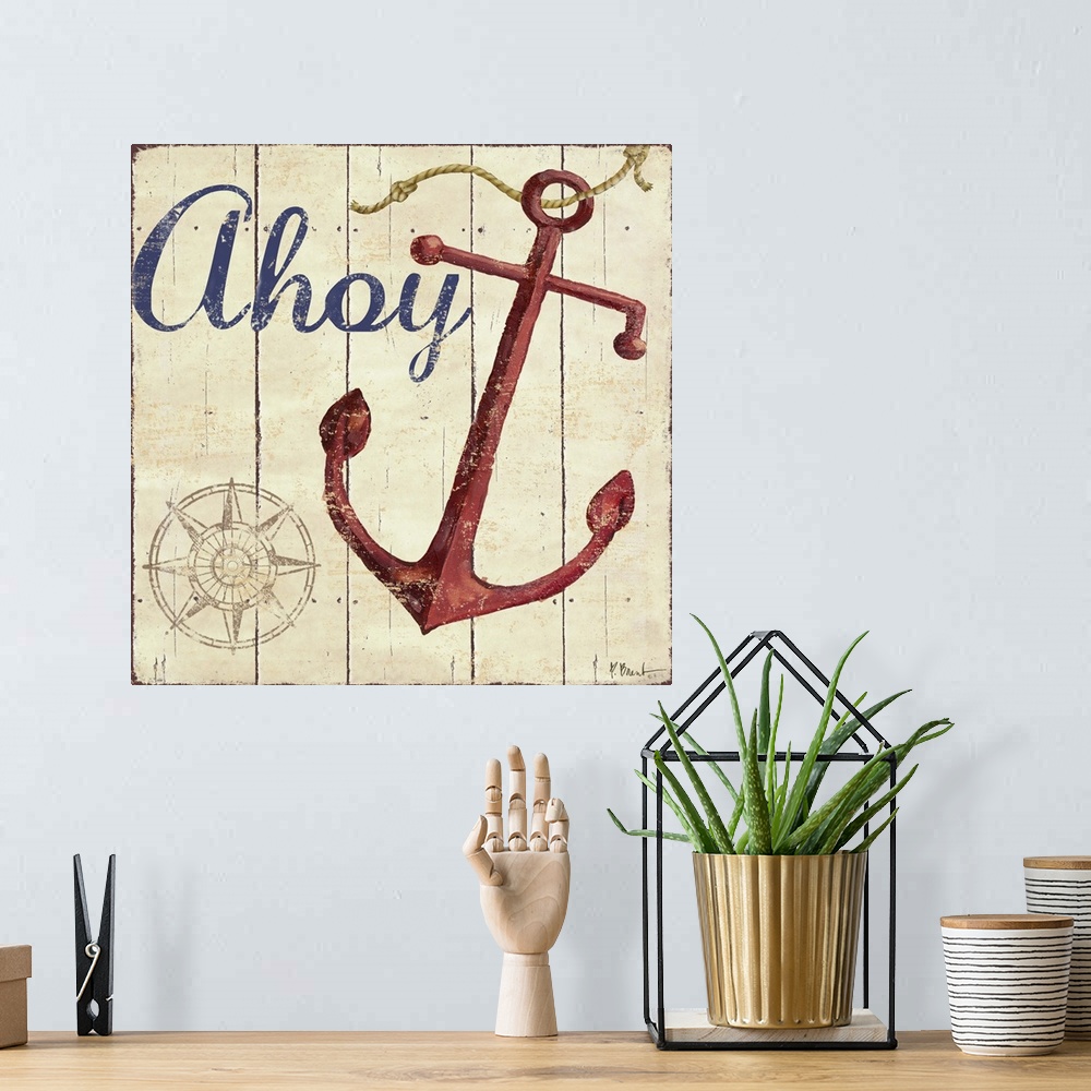 A bohemian room featuring Painted nautical sign on wood panels with a compass rose, an anchor, and the word Ahoy.