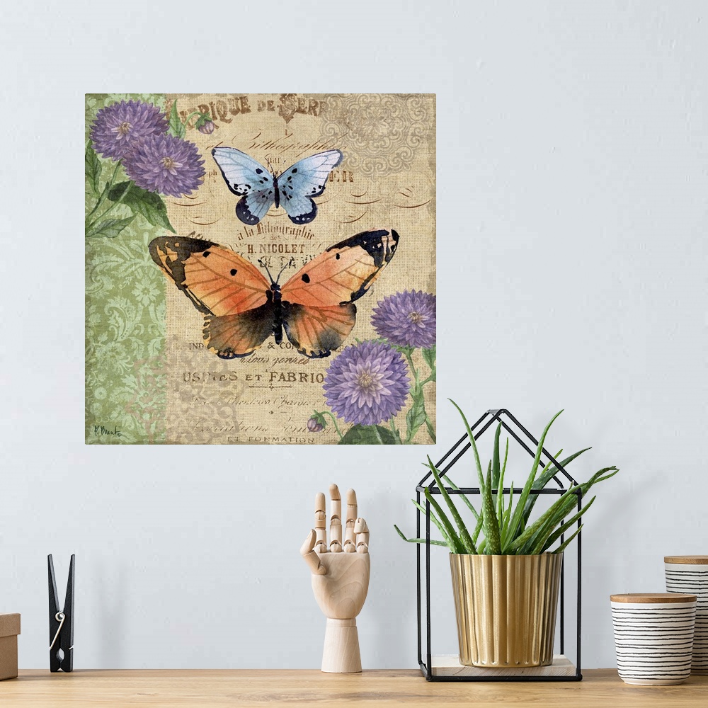A bohemian room featuring Decorative mixed media panel featuring two colorful butterflies, zinnias, and a vintage letter.