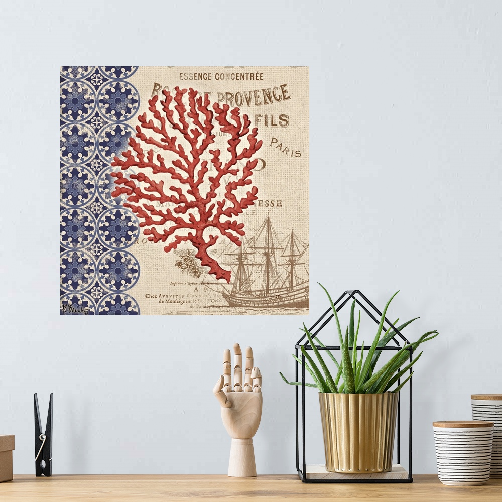 A bohemian room featuring Decorative mixed media panel featuring a coral silhouette, a vintage letter, and a floral pattern.