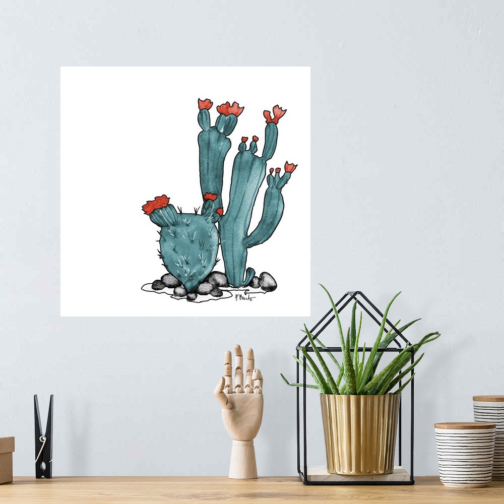 A bohemian room featuring Contemporary painting of a watercolor cactus.