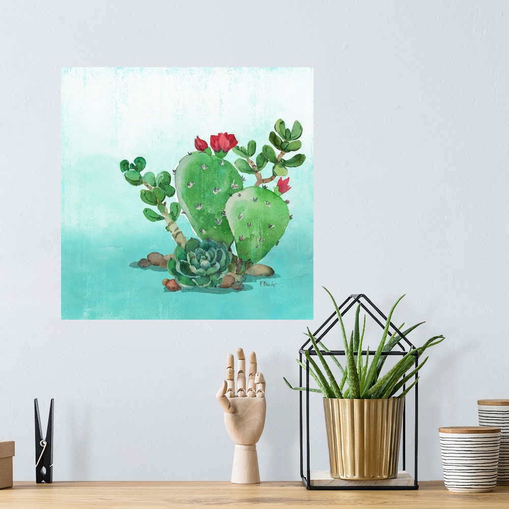 A bohemian room featuring Square watercolor painting of cacti and a succulent on a light blue and white background.