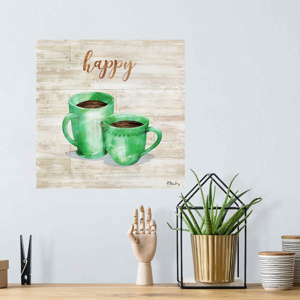 A bohemian room featuring Square decor with two mugs of coffee on a faux wood background with "happy" written at the top.