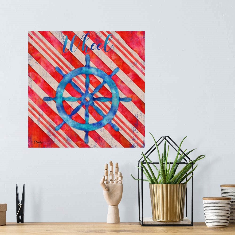 A bohemian room featuring Square nautical decor in red, white, and blue with an illustrated ship wheel in the center and "W...
