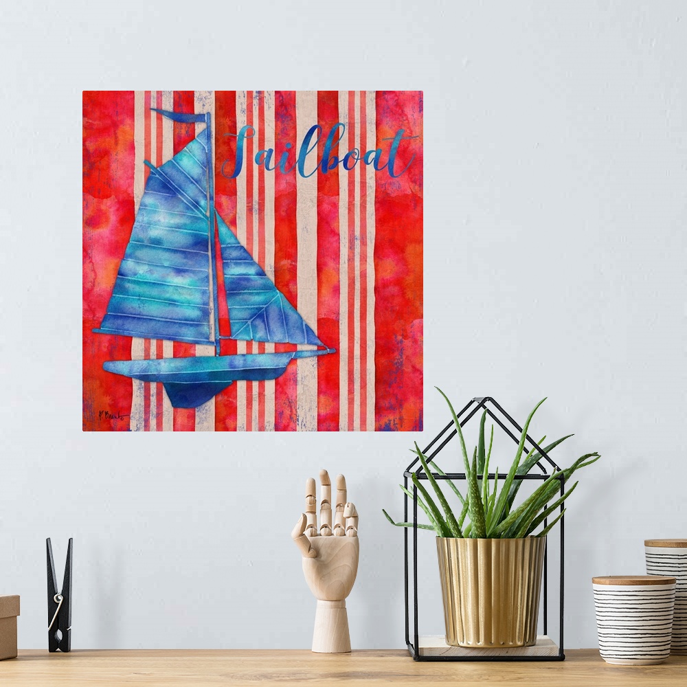 A bohemian room featuring Square nautical decor in red, white, and blue with an illustrated sailboat in the center and "Sai...