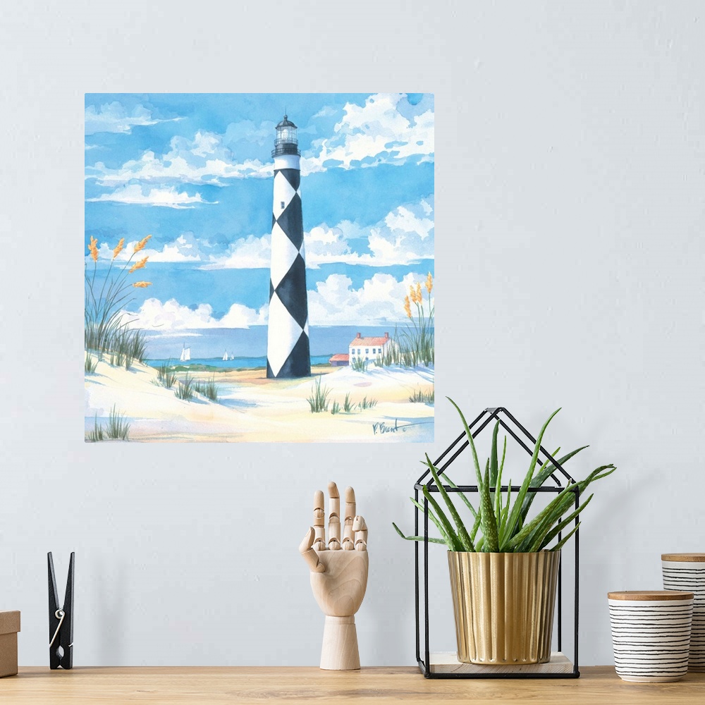 A bohemian room featuring Watercolor painting of a lighthouse painted with a diamond pattern on a sandy beach.