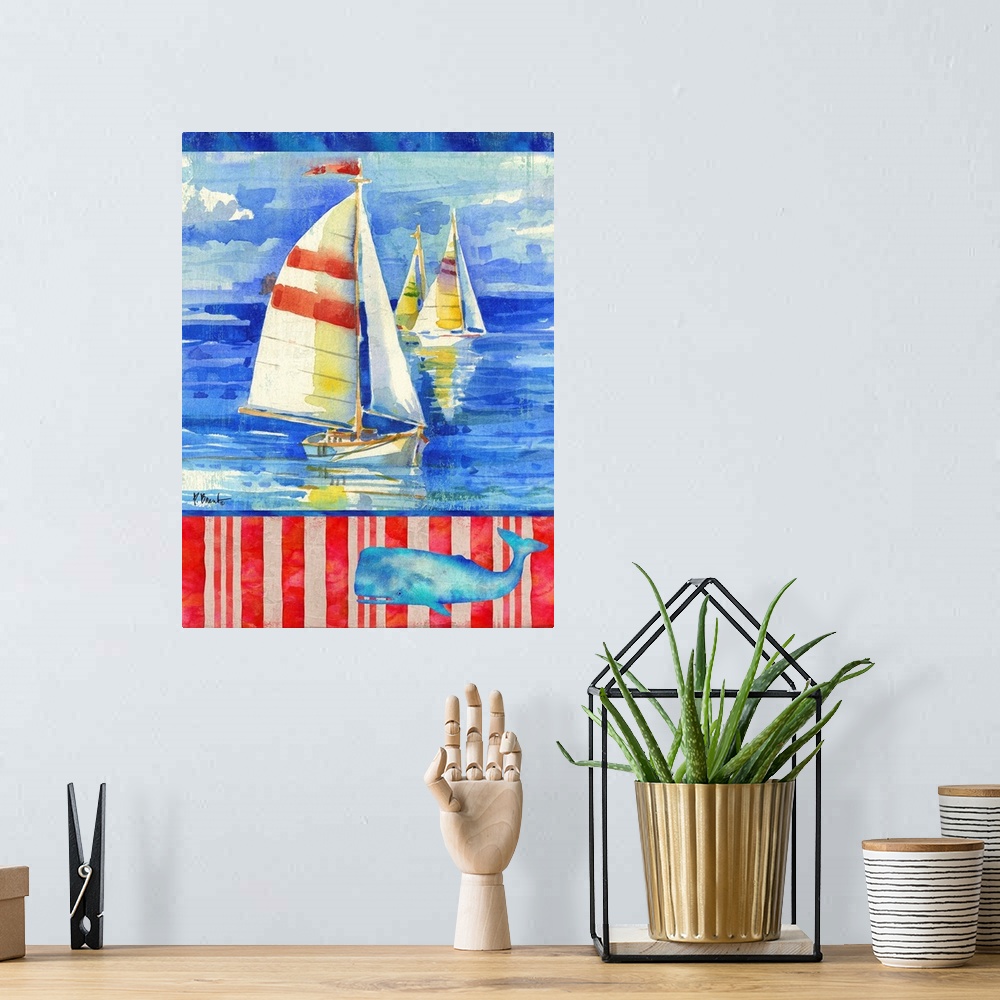 A bohemian room featuring Watercolor painting of sailboats in the ocean with a striped bottom and an illustration of a wale...