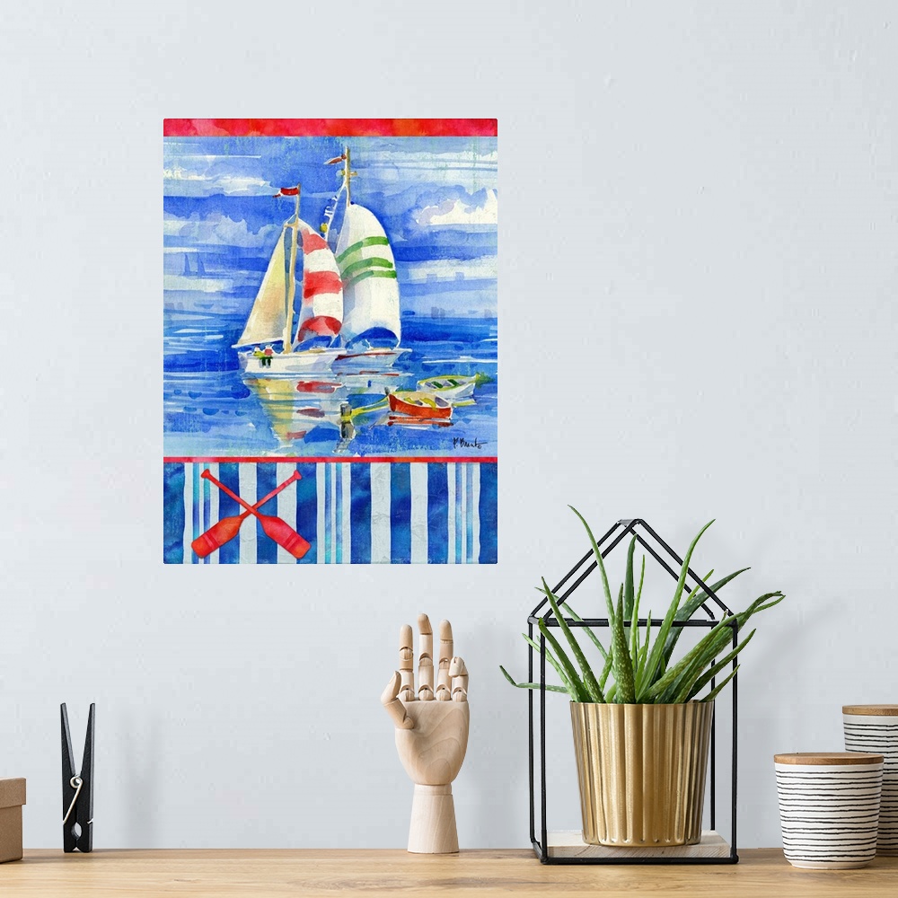 A bohemian room featuring Watercolor painting of sailboats in the ocean with a striped bottom and an illustration of two oa...