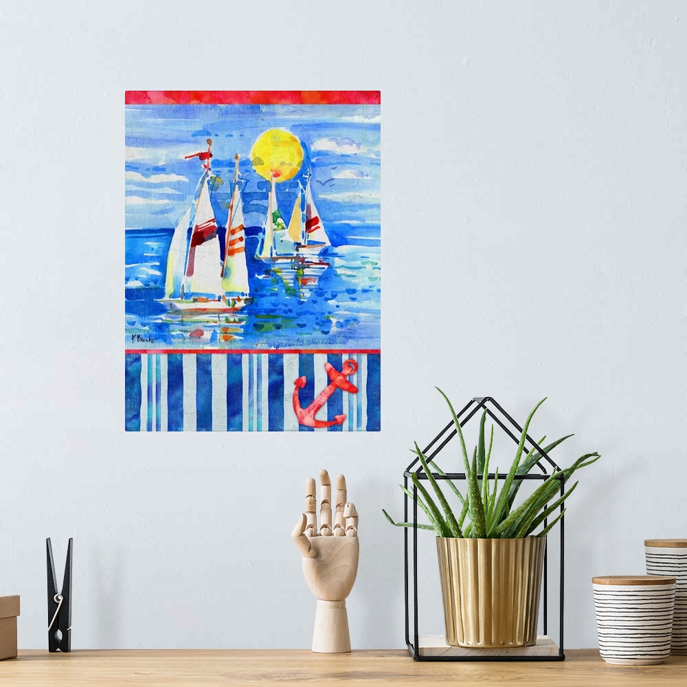 A bohemian room featuring Watercolor painting of sailboats in the ocean with a striped bottom and an illustration of an anc...