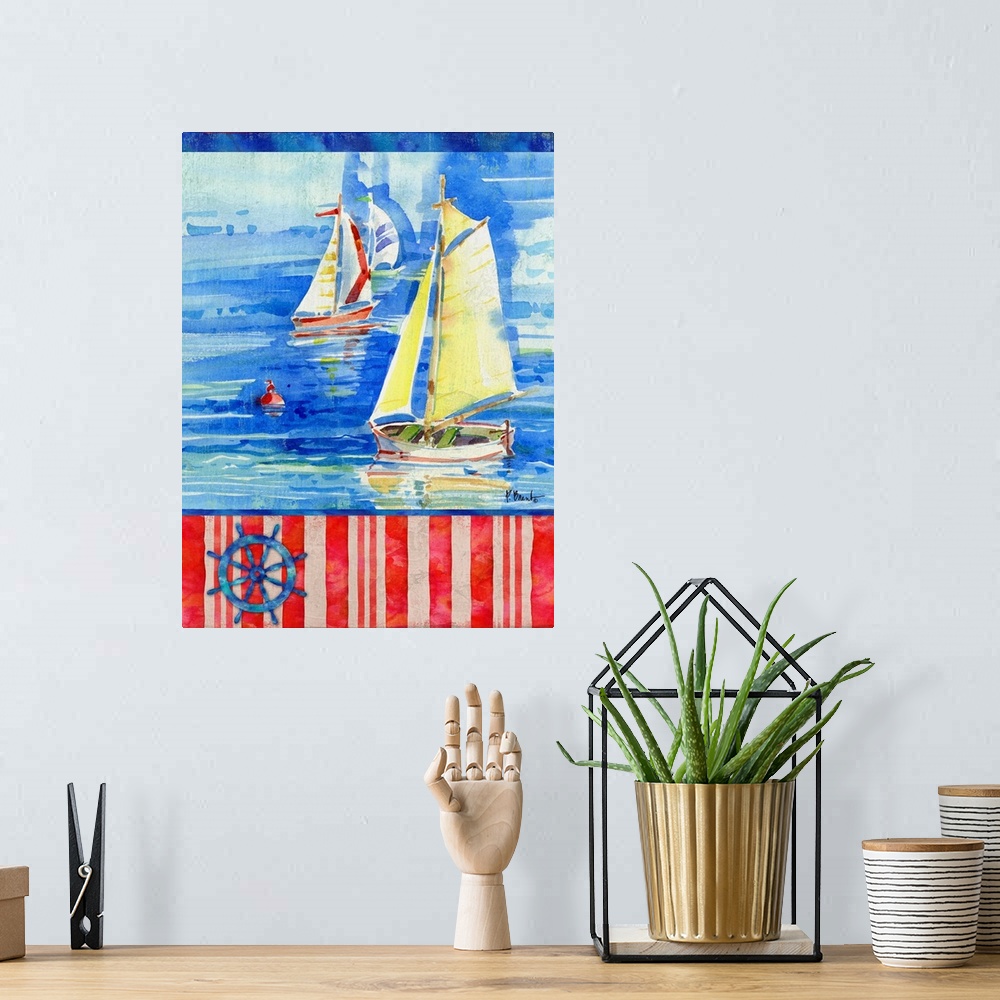 A bohemian room featuring Watercolor painting of sailboats in the ocean with a striped bottom and an illustration of a whee...