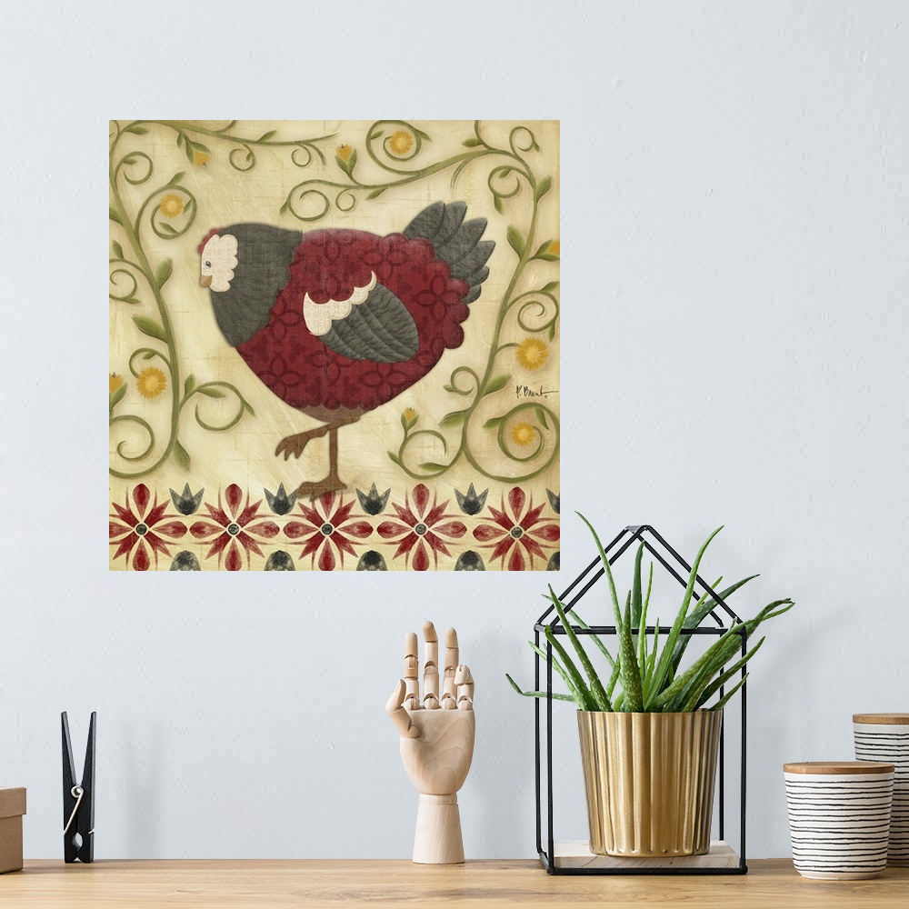 A bohemian room featuring Folk art style illustration of a hen surrounded by curling vines.