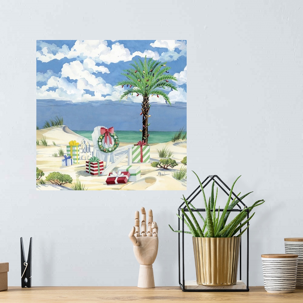 A bohemian room featuring Watercolor painting of Christmas presents on a tropical beach with a palm tree.