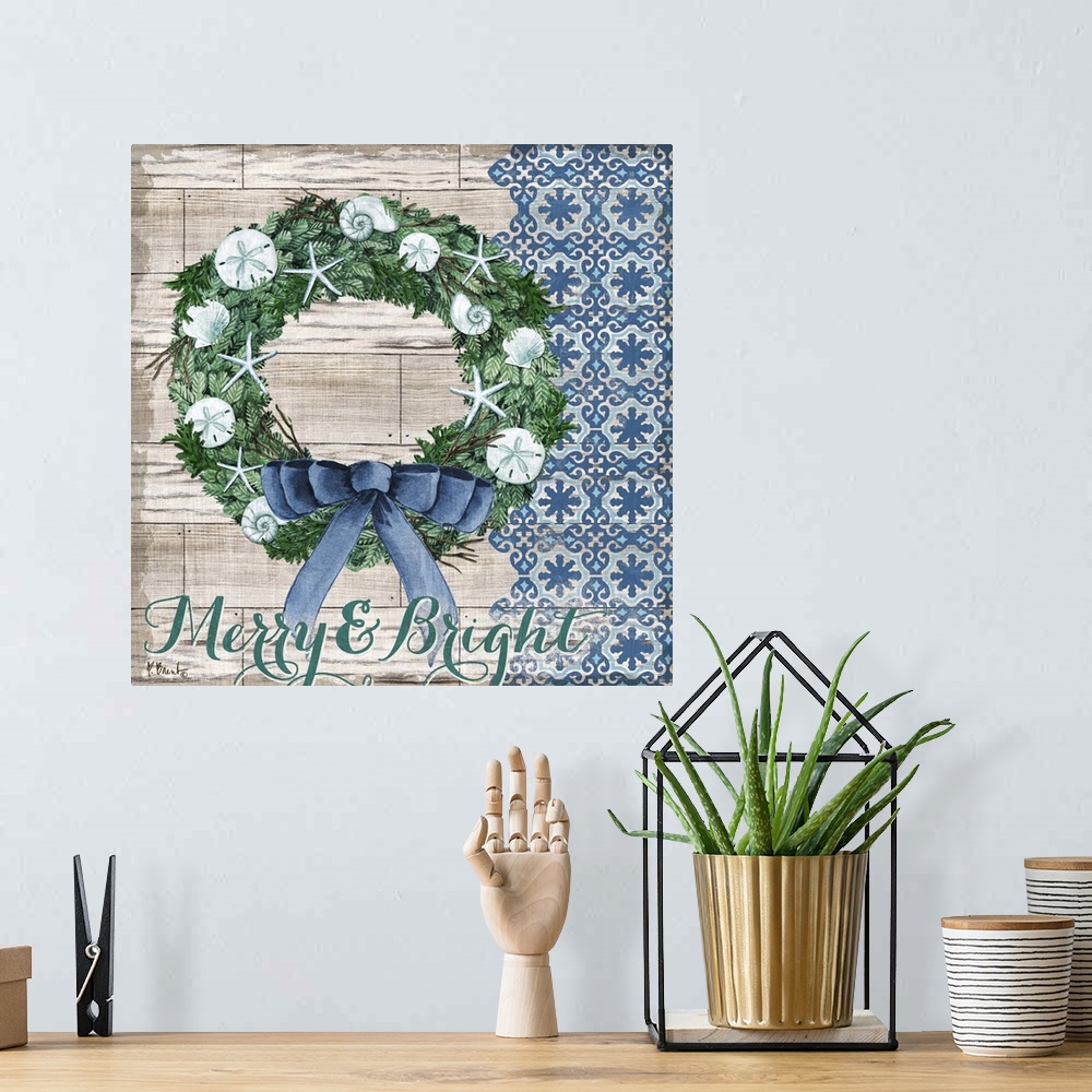 A bohemian room featuring A Christmas wreath decorated with shells and starfish on a wood panel background.