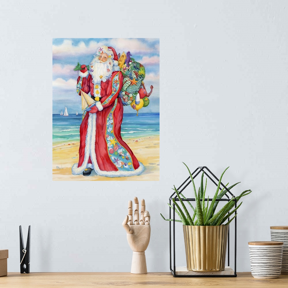 A bohemian room featuring Santa Claus carrying a sack full of toys on a sandy beach.