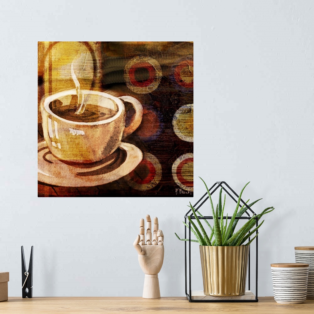 A bohemian room featuring Decorative panel with a cup of coffee on a saucer over a geometric abstract background.