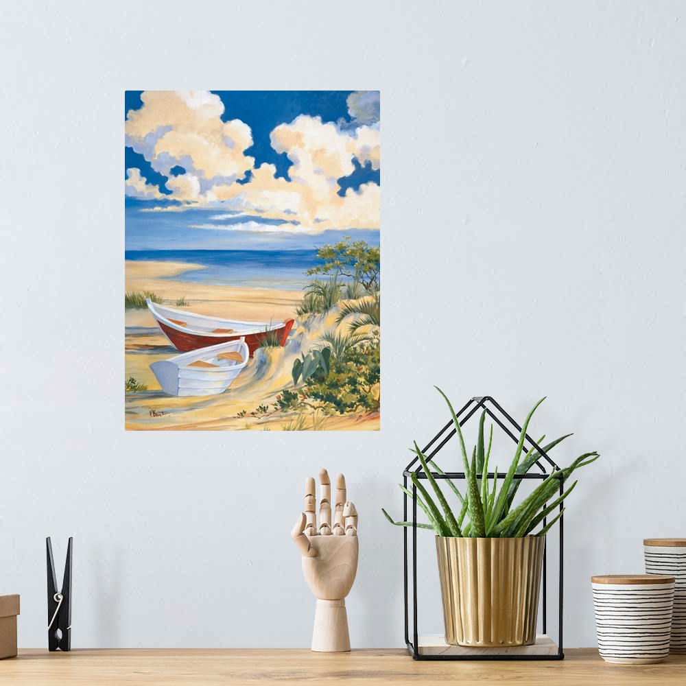 A bohemian room featuring Contemporary painting of boats on a sandy beach under a cloudy sky.