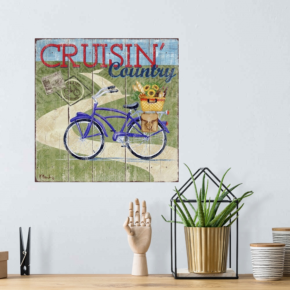 A bohemian room featuring Decorative art of a bicycle on a road in the hilly countryside on a textured panel background.