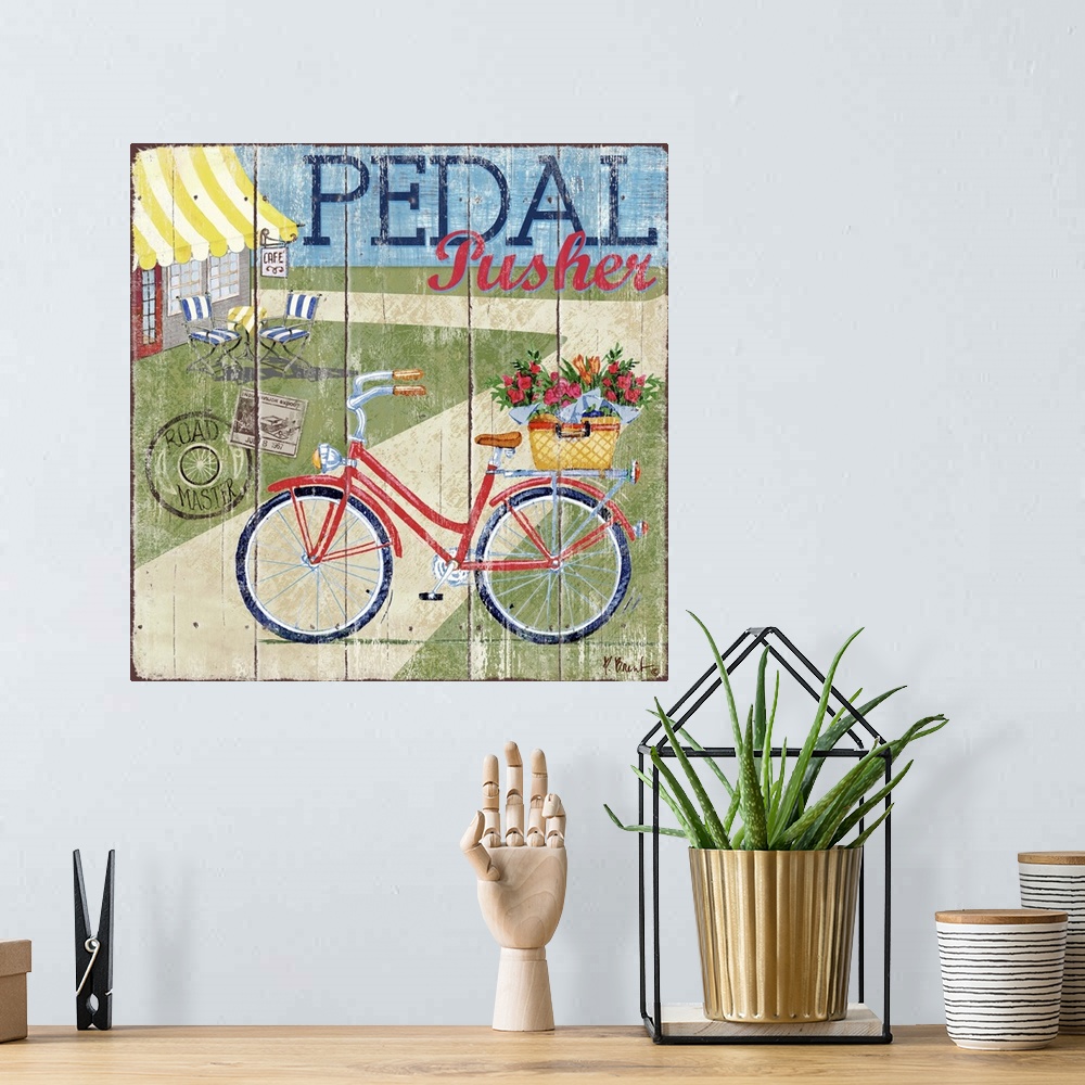 A bohemian room featuring Decorative art of a bicycle on the street near a small cafe on a textured panel background.