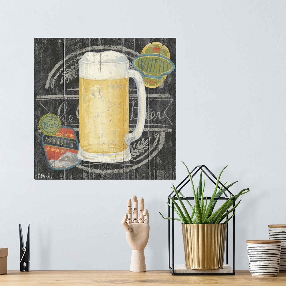 A bohemian room featuring Contemporary decorative artwork of a craft beer in a mug on a textured panel background.