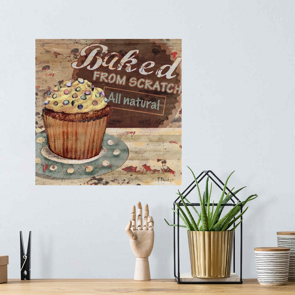 A bohemian room featuring Rustic sign for a bakery featuring a cupcake and the text Baked From Scratch.