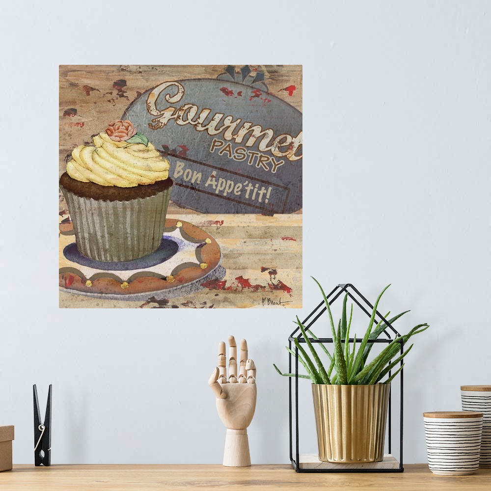 A bohemian room featuring Rustic sign for a bakery featuring a cupcake and the text Gourmet Pastry.