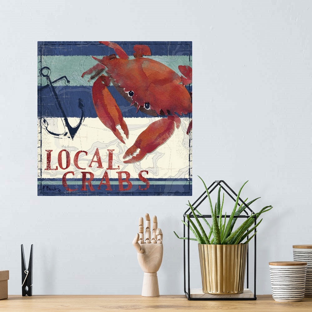A bohemian room featuring Nautical panel featuring a painting of a crab with an anchor graphic element, and the text Local ...