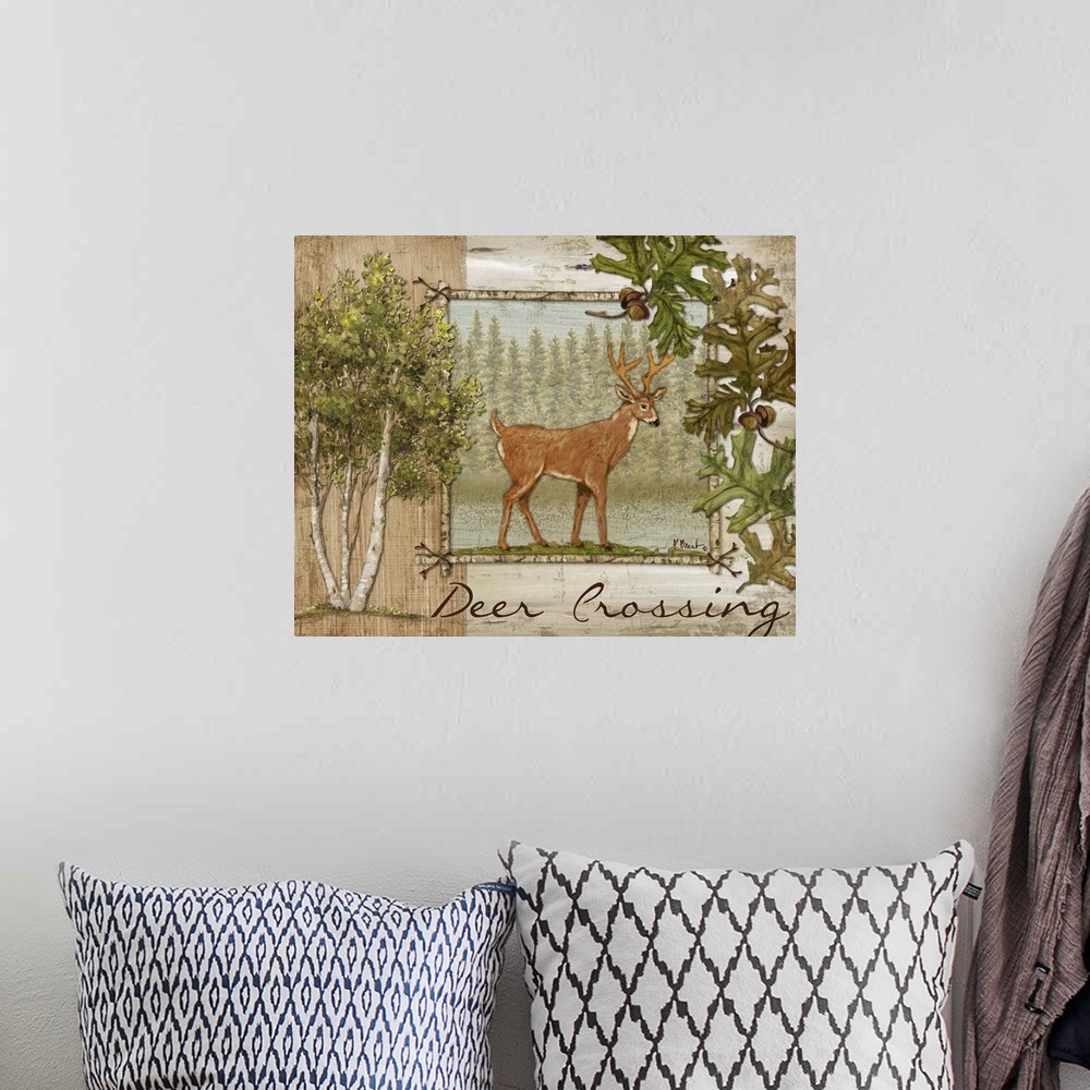 A bohemian room featuring Decorative artwork of a deer in a frame, with oak leaves, aspen trees, and the words Deer Crossing.