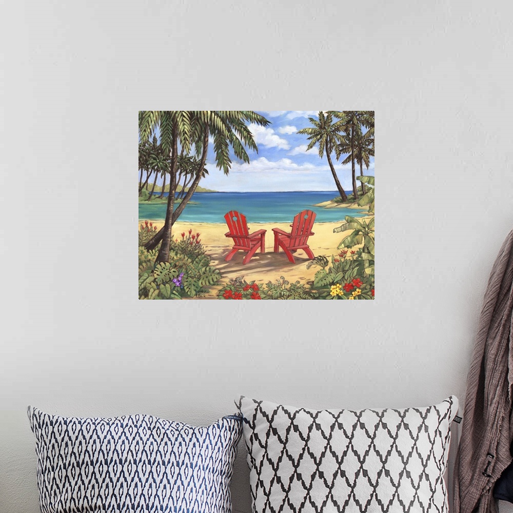 A bohemian room featuring Contemporary painting of two adirondack chairs on the beach, surrounded by palm trees.