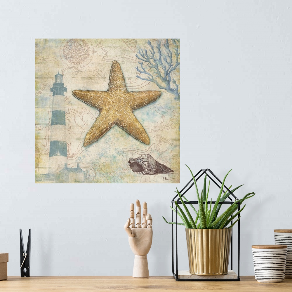 A bohemian room featuring Decorative panel made of different nautical elements including a starfish, a lighthouse, and coral.