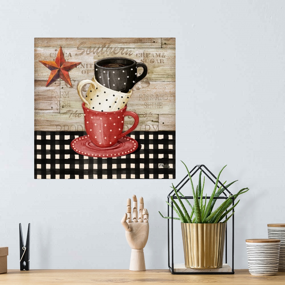 A bohemian room featuring Square decor with red, white, and black stacked coffee cups with a farmhouse feel.