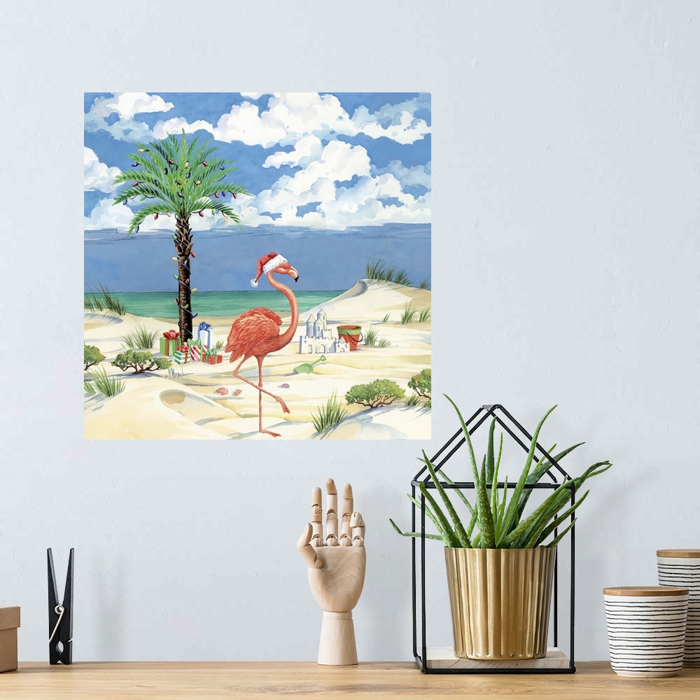 A bohemian room featuring Watercolor painting of Christmas presents on a tropical beach with a palm tree and a flamingo.